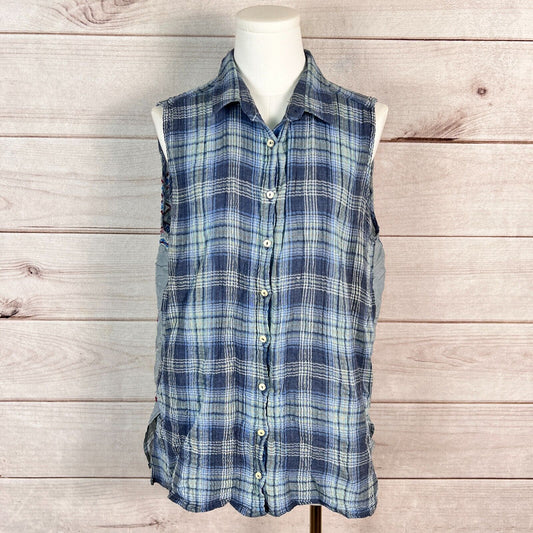 Johnny Was Workshop Womens Blouse Top Sz L Blue Plaid Embroidered Western Retro