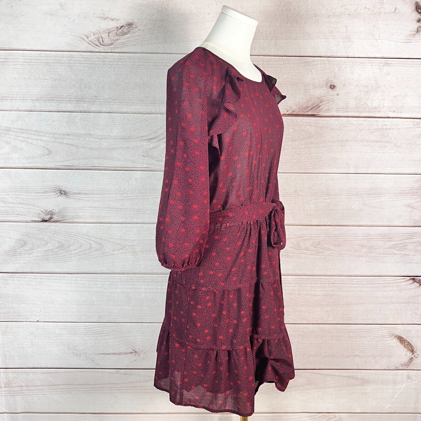 Ba&sh Womens Dress Burgundy Floral Ruffled Puff Sleeve Fit & Flare Peasant Boho