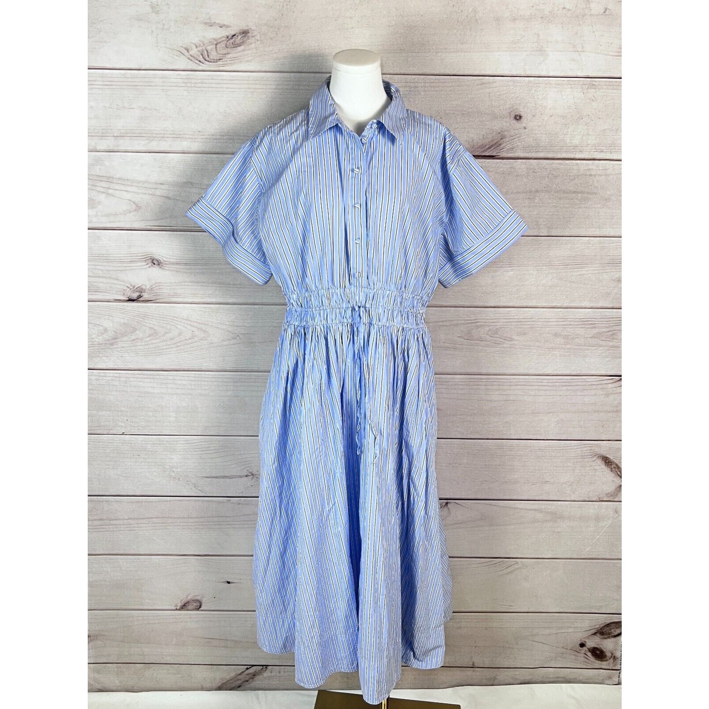 J. Crew Elena Shirtdress Cotton Poplin Womens Sz 16 Blue Striped Preppy Retro