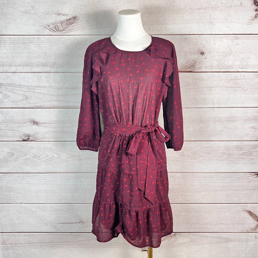 Ba&sh Womens Dress Burgundy Floral Ruffled Puff Sleeve Fit & Flare Peasant Boho