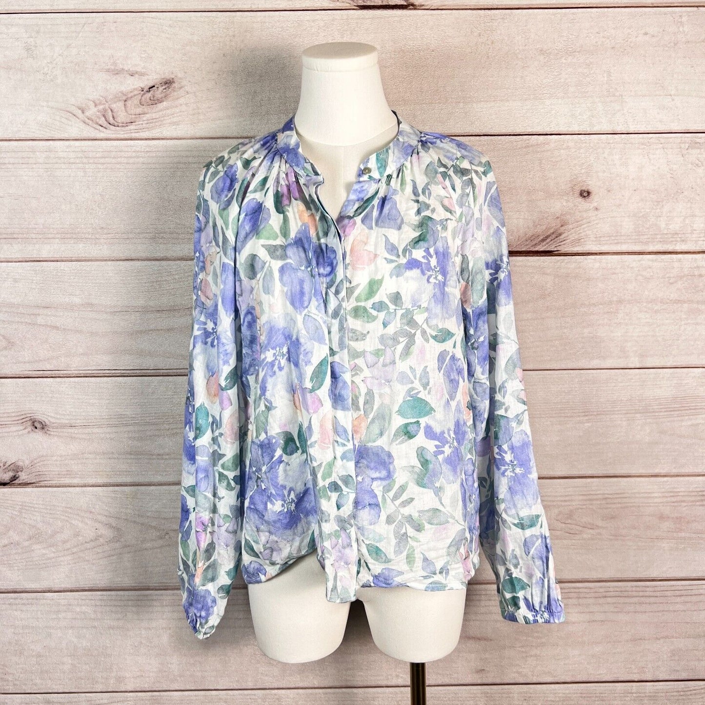 Bella Dahl Top Womens Blouse M Blue Floral Long Sleeve Linen Fairy Boho Peasant