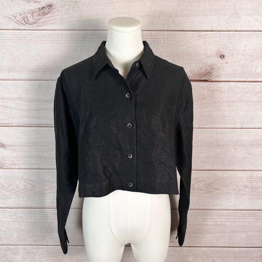 Aritzia Wilfred Womens Cropped Shirt Sz M Black Button Up Linen Blend Trendy