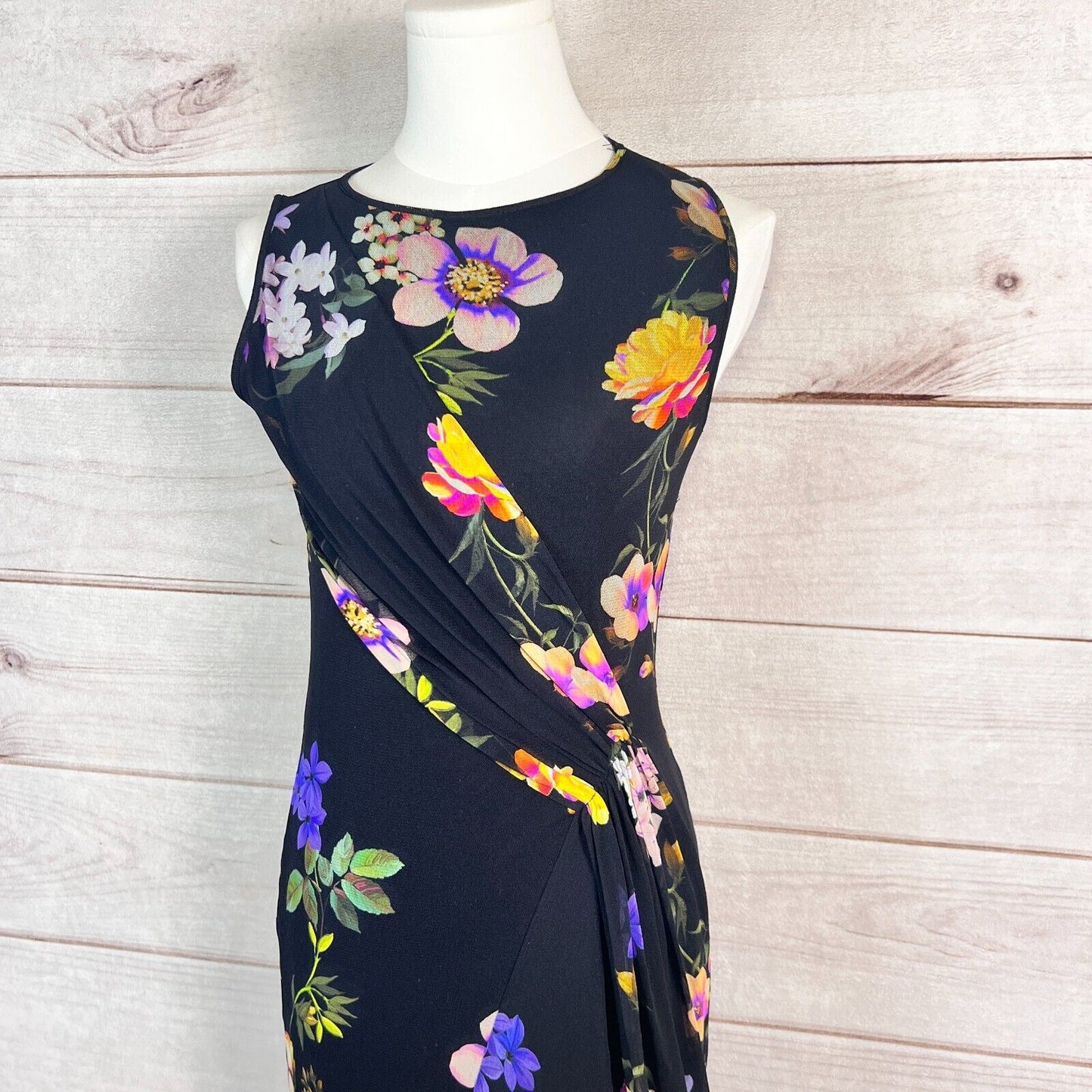 Fuzzi Dress Women Sz M Black Floral Draped Ruffled Hi-Low Chiffon Cocktail Party