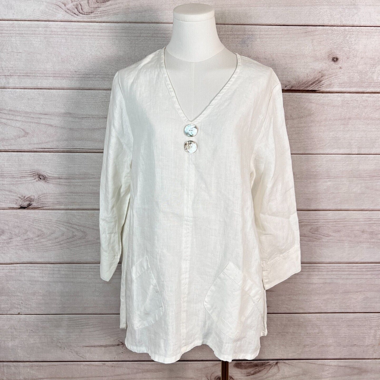 Habitat Womens Tunic Sz L White Linen Blouse Long Sleeve V-Neck Lightweight Boho