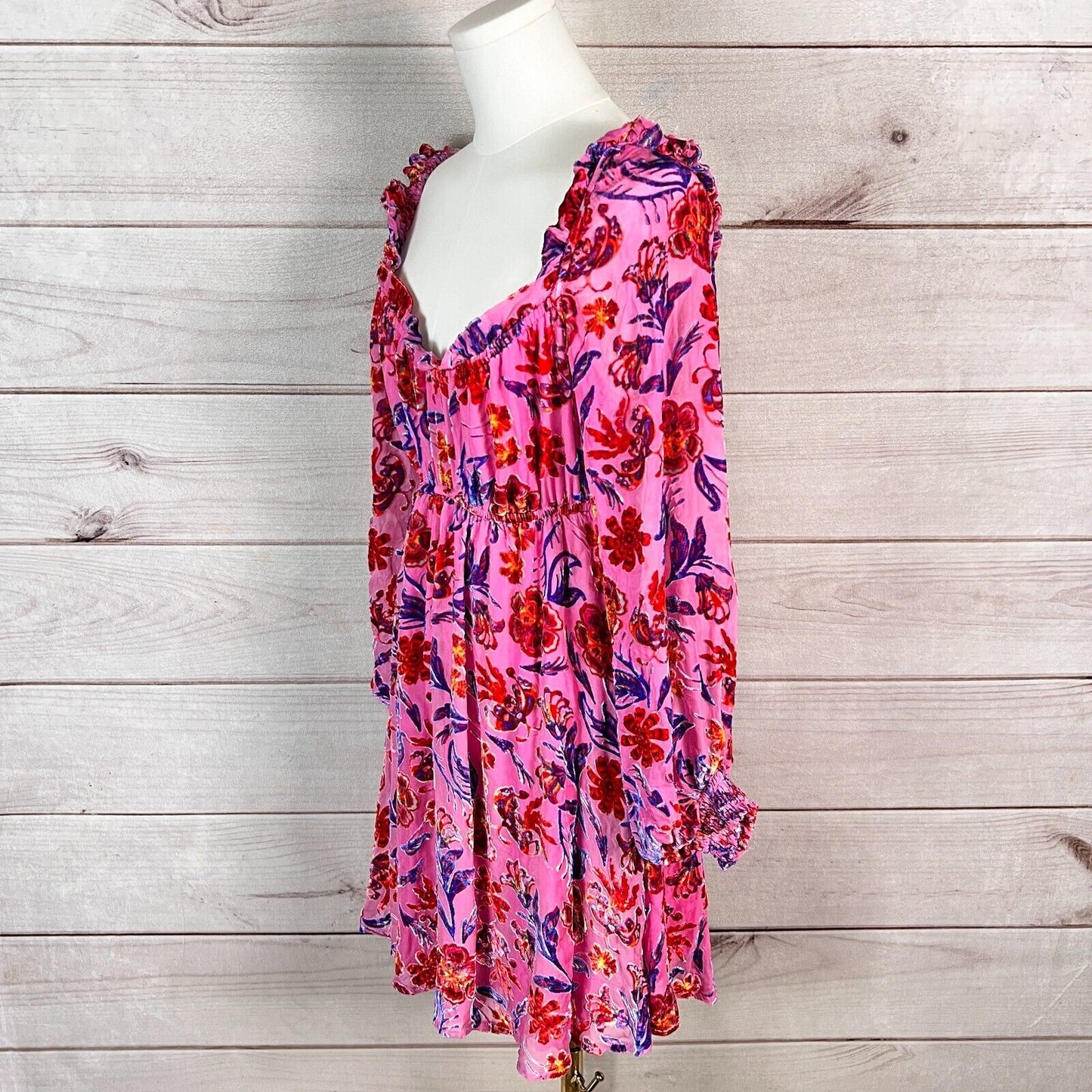 Hale Bob Narva Velvet Burnout Mini Dress Womens Sz XS Pink Floral Empire Waist