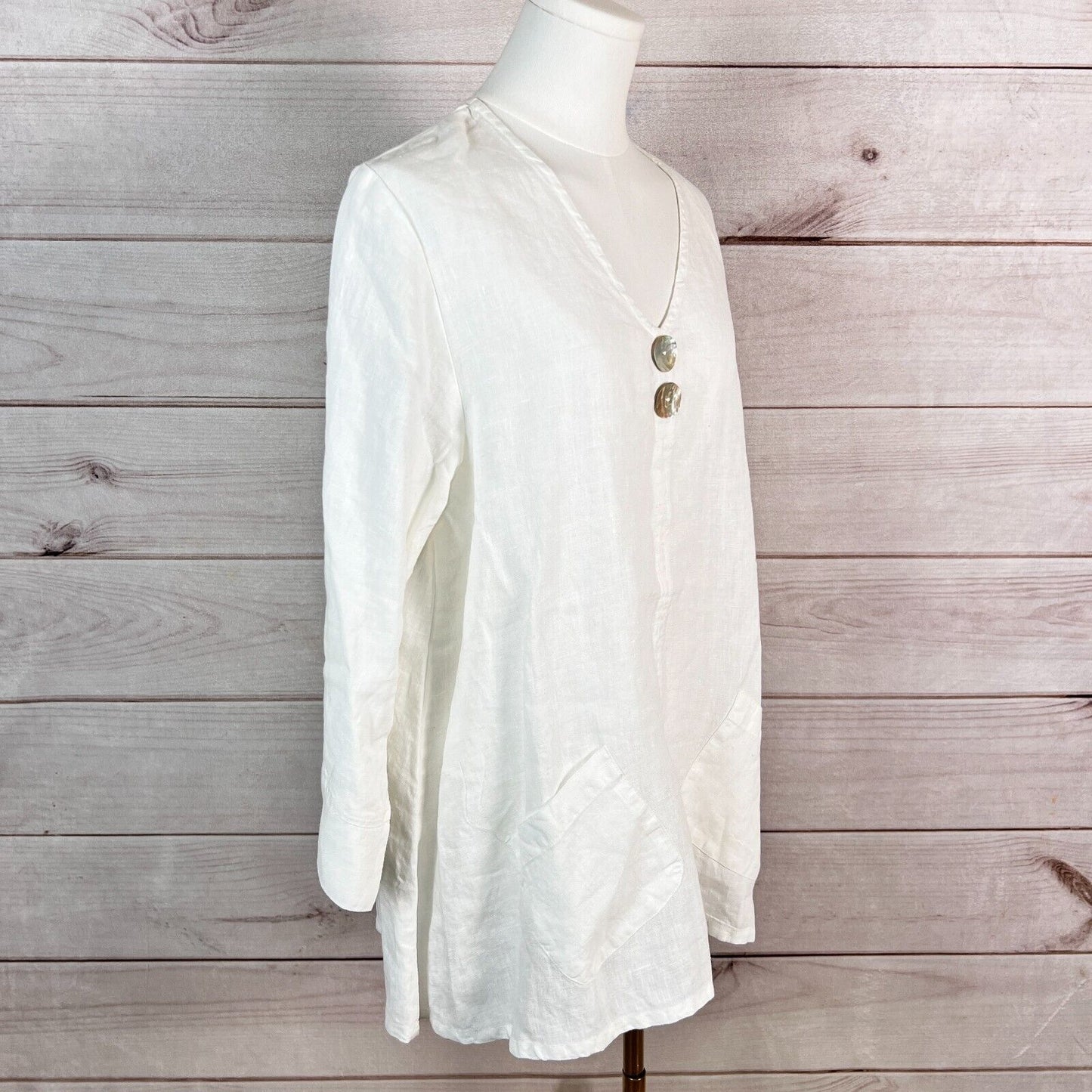 Habitat Womens Tunic Sz L White Linen Blouse Long Sleeve V-Neck Lightweight Boho