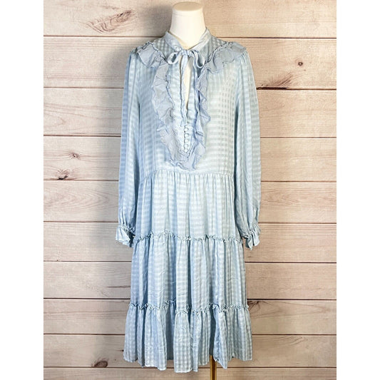 By Anthropologie Tiered Ruffled Dress Womens Sz L Blue Puff Sleeve Cottagecore