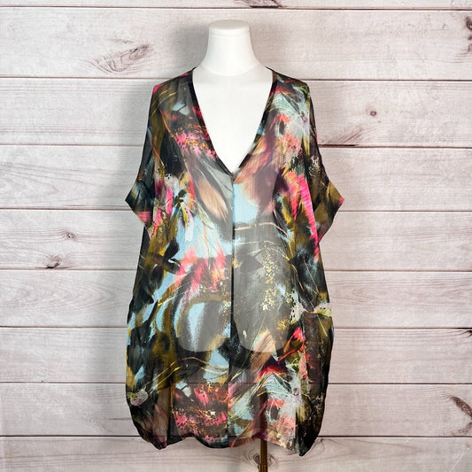 Bryn Walker Paola Tunic Womens Blouse 1X Plus Floral Silk Sheer Whimsigoth Beach