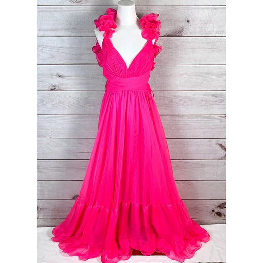 Mac Duggal Womens Sz 12 Pink Ruffle Cut-Out Chiffon Prom Evening Gown Princess