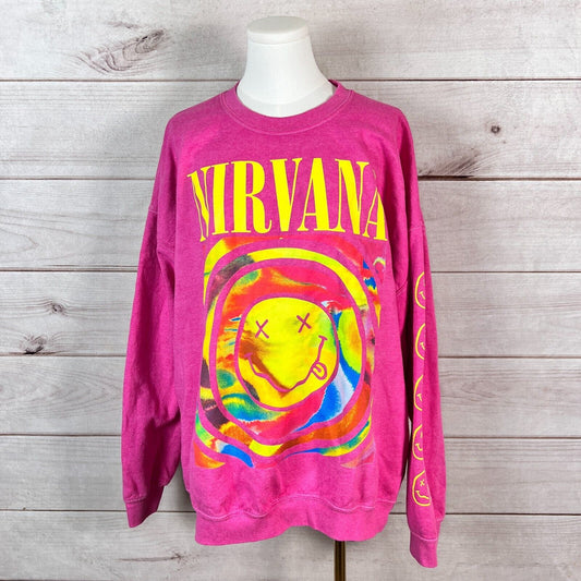 Nirvana Sweatshirt Womens Sz S/M Pink Graphic Print Pullover Cozy Y2K Grunge