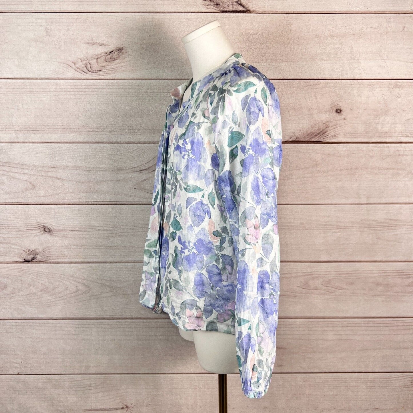 Bella Dahl Top Womens Blouse M Blue Floral Long Sleeve Linen Fairy Boho Peasant