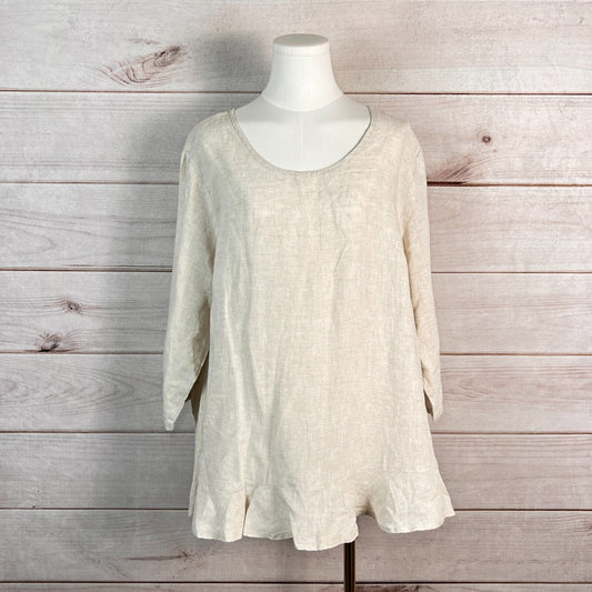 Match Point Top Womens Blouse L Beige Long Sleeve Tunic Linen Relaxed Minimalist