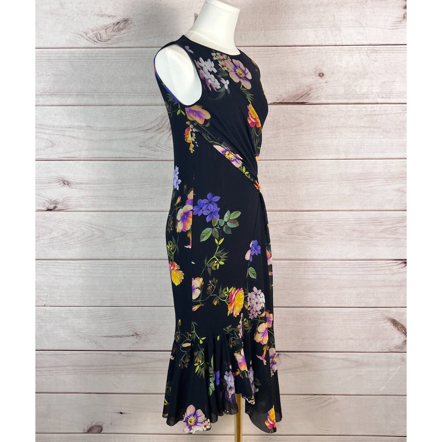 Fuzzi Dress Women Sz M Black Floral Draped Ruffled Hi-Low Chiffon Cocktail Party