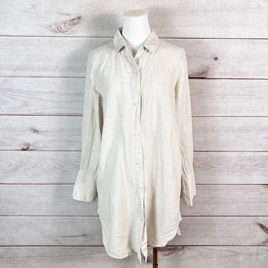 J. Crew Womens Shirt Top Sz M Ivory Relaxed Fit Button Up Long Sleeve Oversized