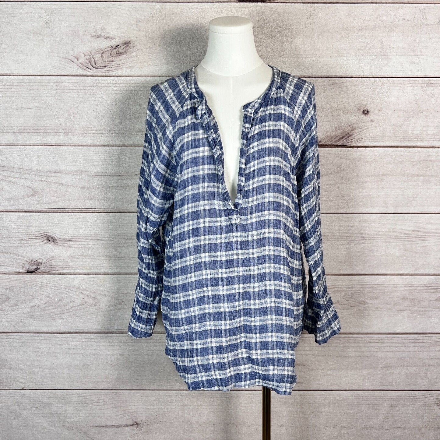 Free People x CP Shades Tunic Top Womens Sz S Blue Plaid Linen Western Retro