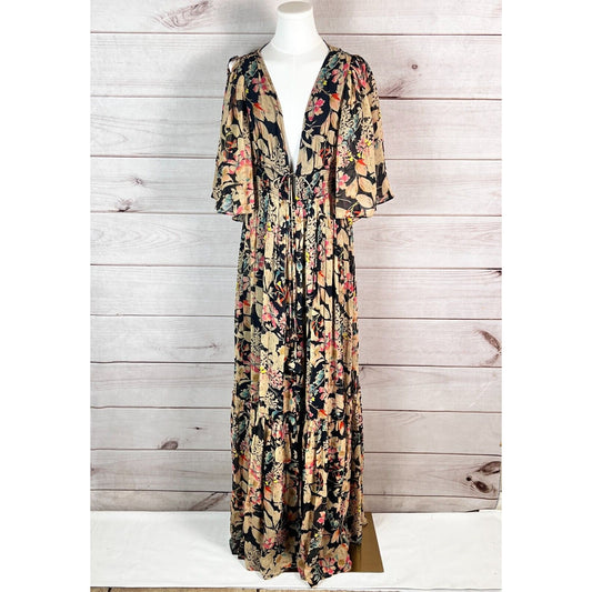 Love Sam Dark Wonder Womens Maxi Dress Sz L Floral Sheer Slit Sleeve Chiffon NWT