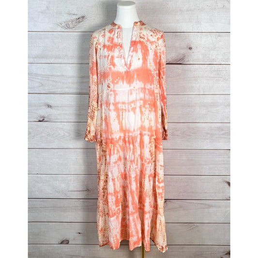 Maison Hotel Dress Womens S Orange Tie Dye Midi Shift Long Sleeve Cotton Hippie