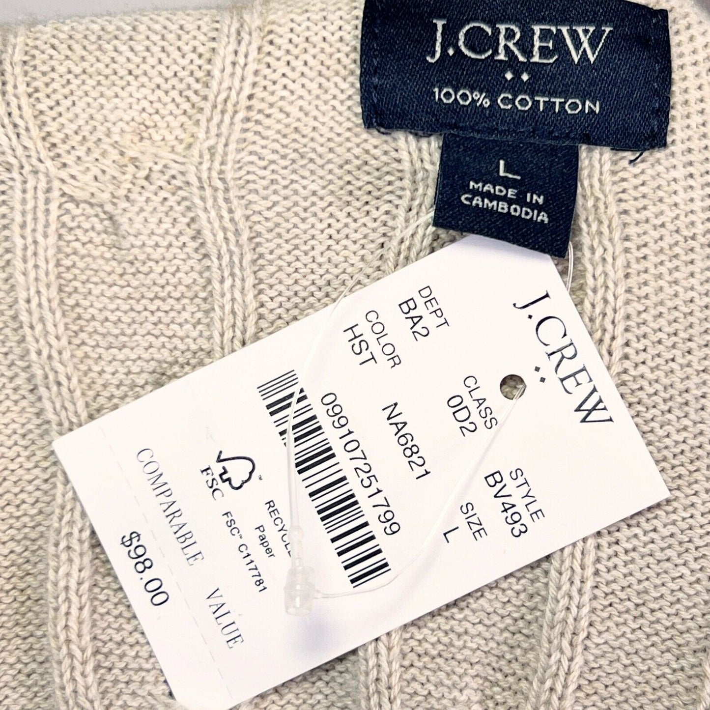 J. Crew Sweater Mens Sz L Beige Crew Neck Pullover Cable Knit Cotton Winter NWT