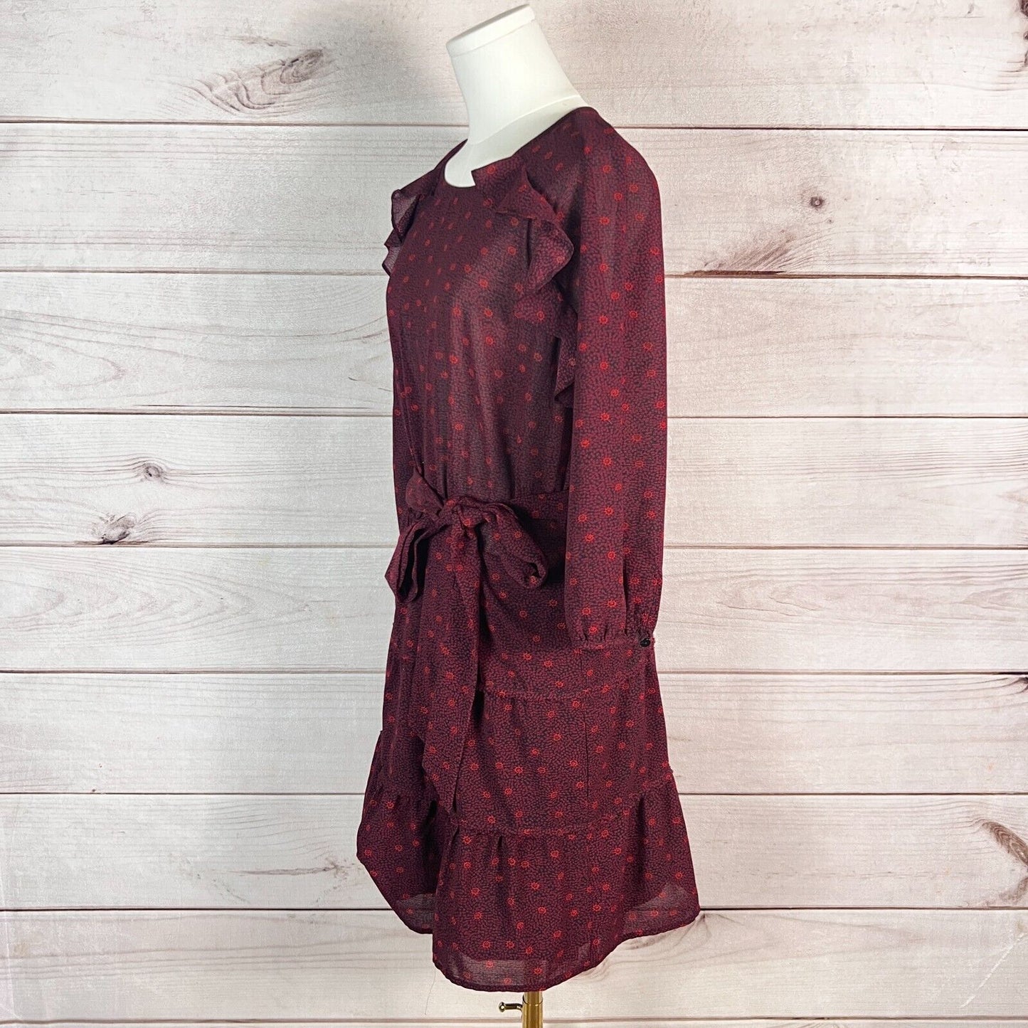 Ba&sh Womens Dress Burgundy Floral Ruffled Puff Sleeve Fit & Flare Peasant Boho