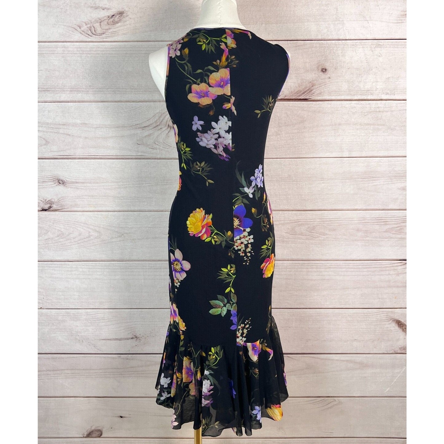 Fuzzi Dress Women Sz M Black Floral Draped Ruffled Hi-Low Chiffon Cocktail Party