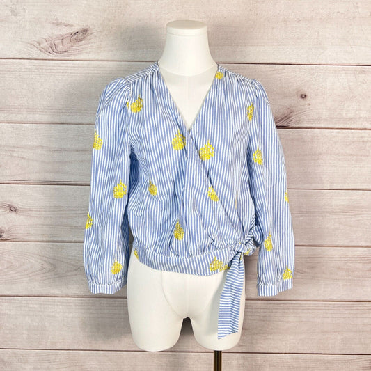 J. Crew Womens Blouse Top Sz S Blue Striped Embroidered Wrap Long Sleeve Comfy