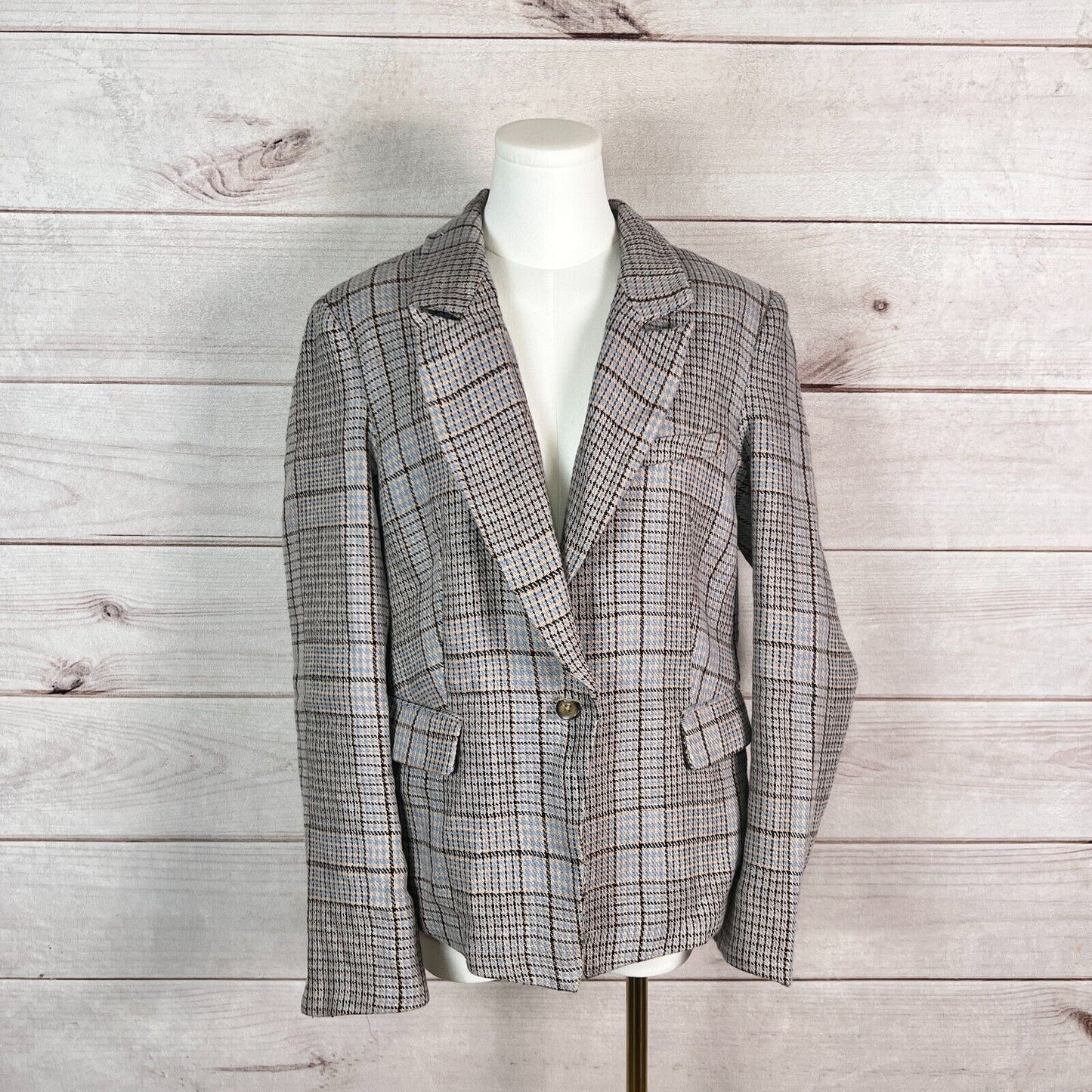 Free People Women Blazer Jacket Sz L Plaid Tweed Overcoat Business Office Formal