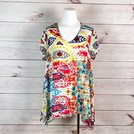 Johnny Was Women Blouse Top Sz M Multicolor Art To Wear Silk Short Sleeve Hippie