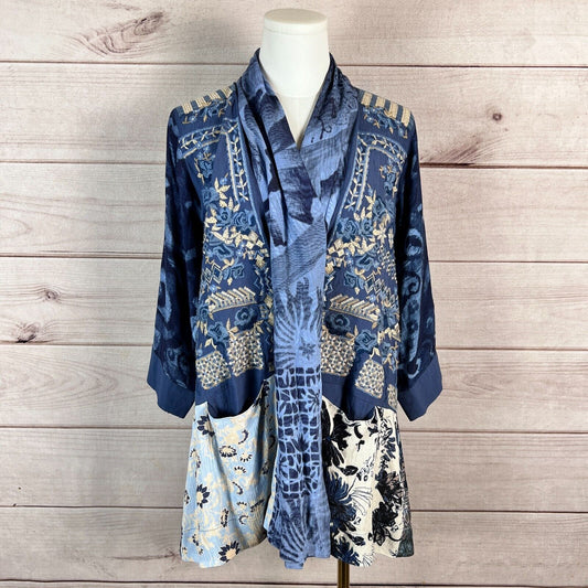 John Mark Womens Topper Sz S Blue 3/4 Sleeve Kimono Embroidered Floral Cover Up